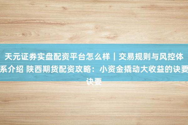 天元证券实盘配资平台怎么样｜交易规则与风控体系介绍 陕西期货配资攻略：小资金撬动大收益的诀要